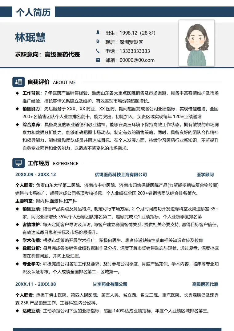 医药销售代表的应聘简历 Word 简历模板预览图