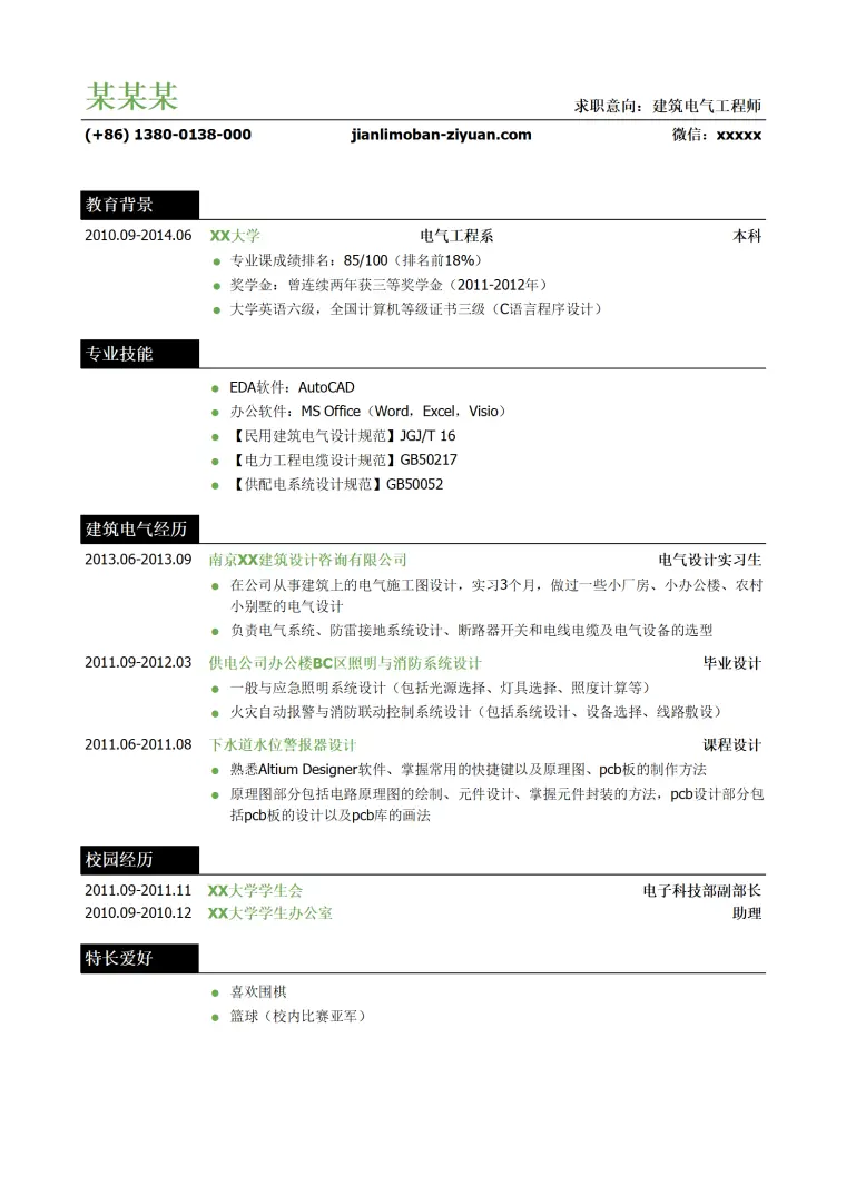 建筑电气工程师岗位简历模板（突出专业技能） Word 简历模板预览图