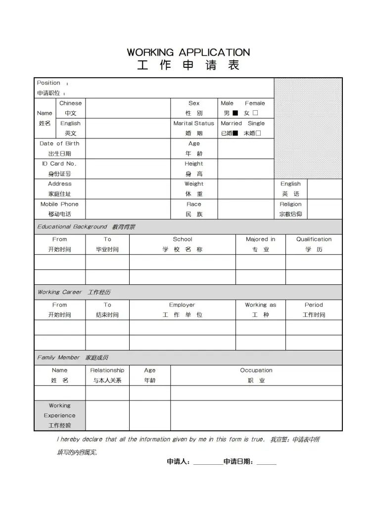 空白工作申请表应聘简历模板 Word 简历模板预览图