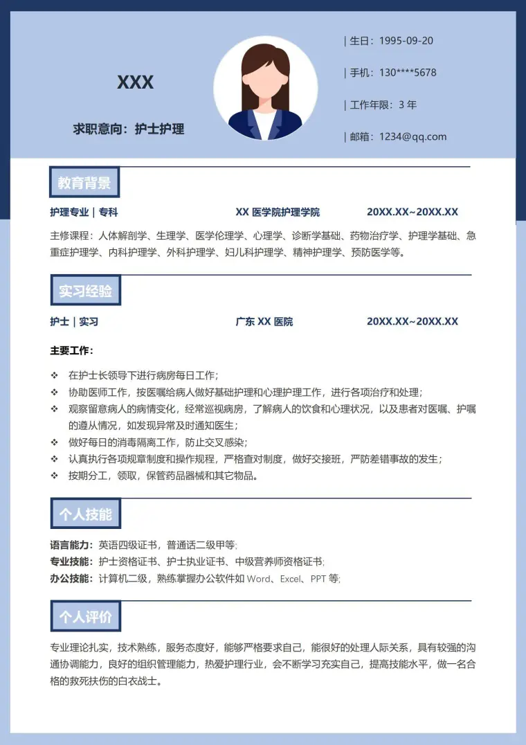 绿色清新应届毕业生护士护理简历模板 Word 简历模板预览图