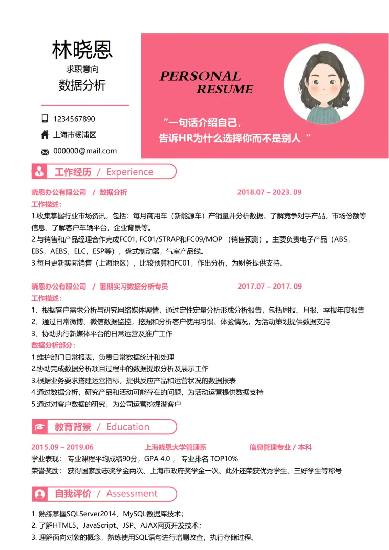 市场资讯数据分析师简历 Word 简历模板预览图
