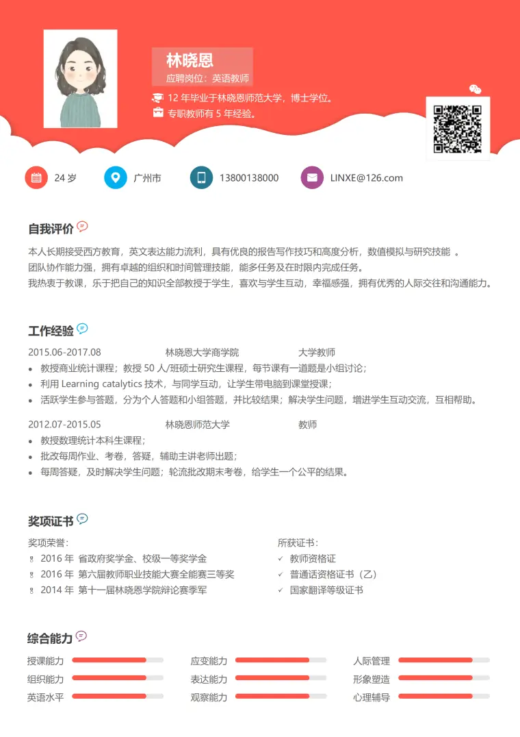英语教师兼教研组长简历模板 Word 简历模板预览图