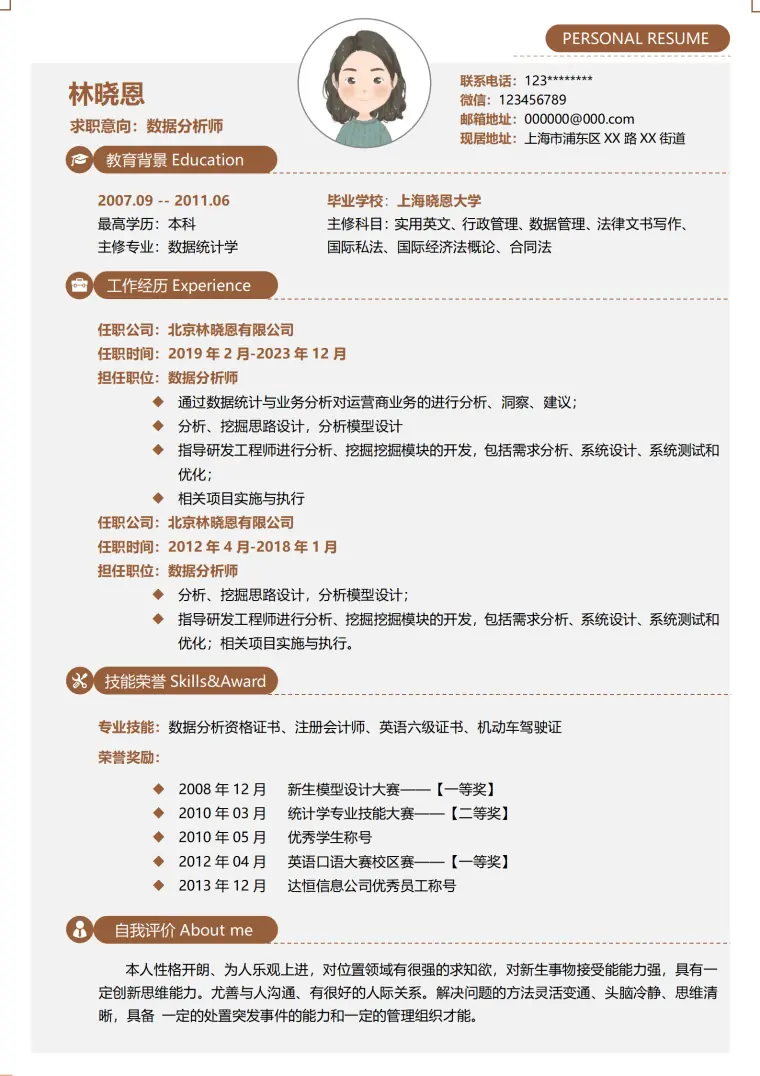 跨行业数据分析简历模板 证书齐全管理能力强 Word 简历模板预览图