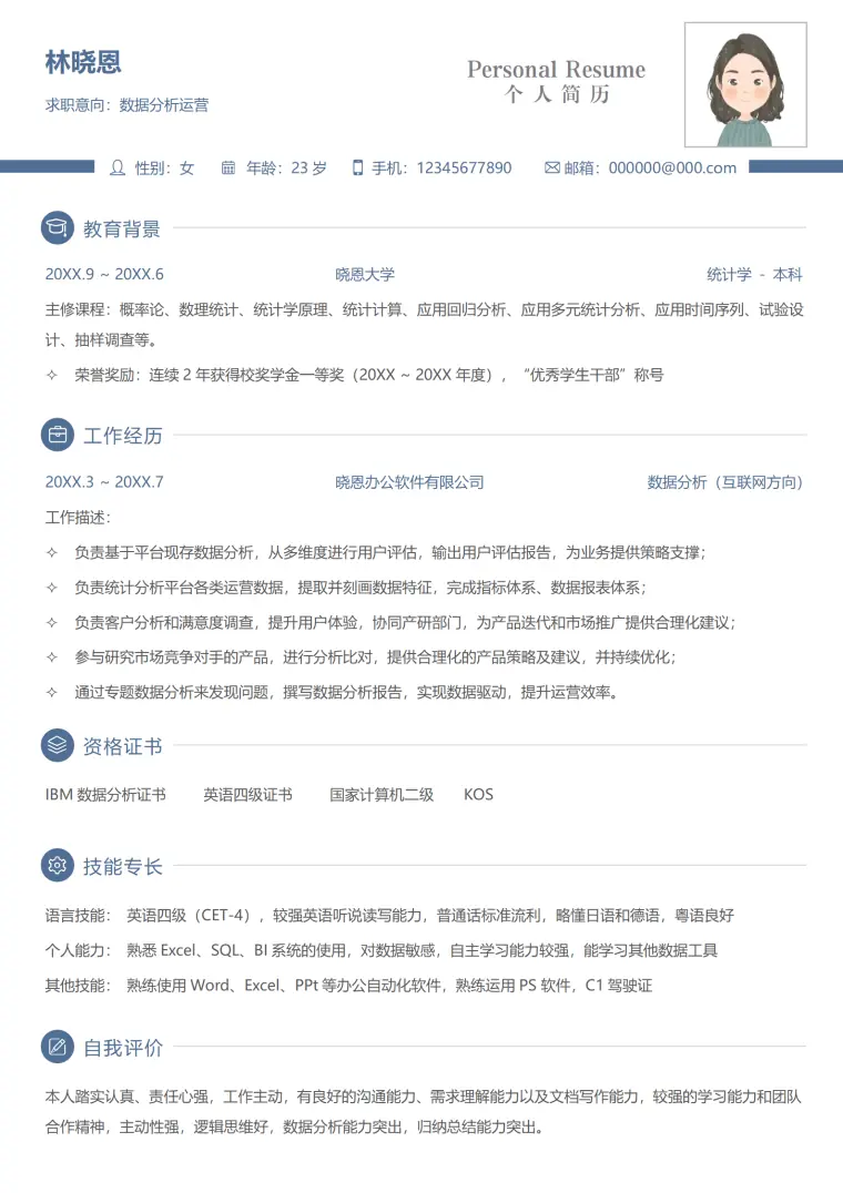 互联网数据分析简历模板 多维度用户评估专家 Word 简历模板预览图