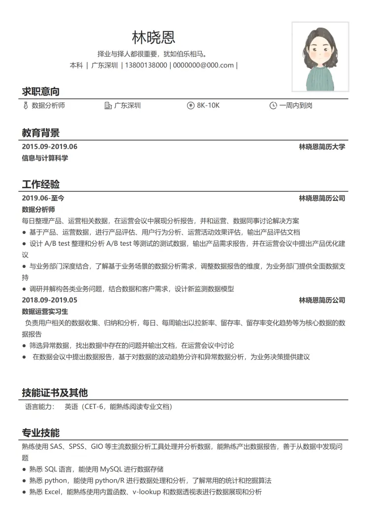 数据运营实习简历模板 业务场景分析经验 Word 简历模板预览图