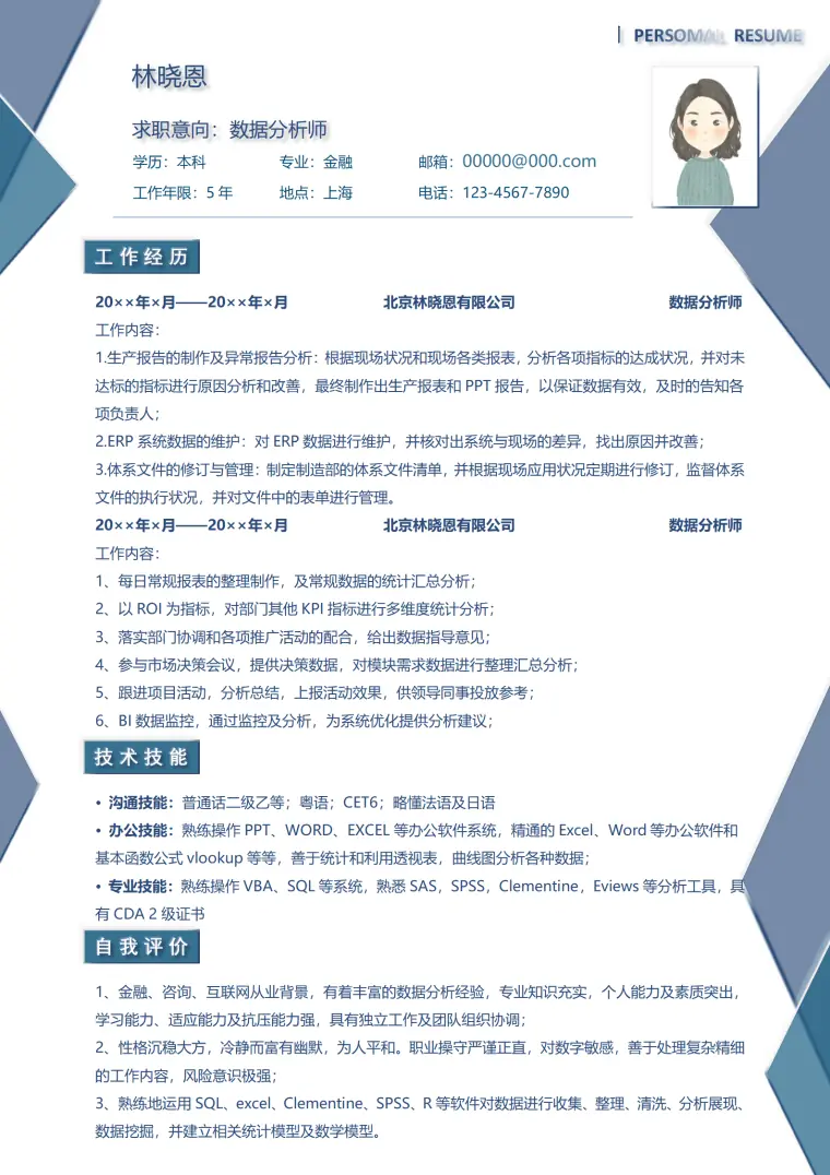 资深数据分析简历模板 Word 简历模板预览图