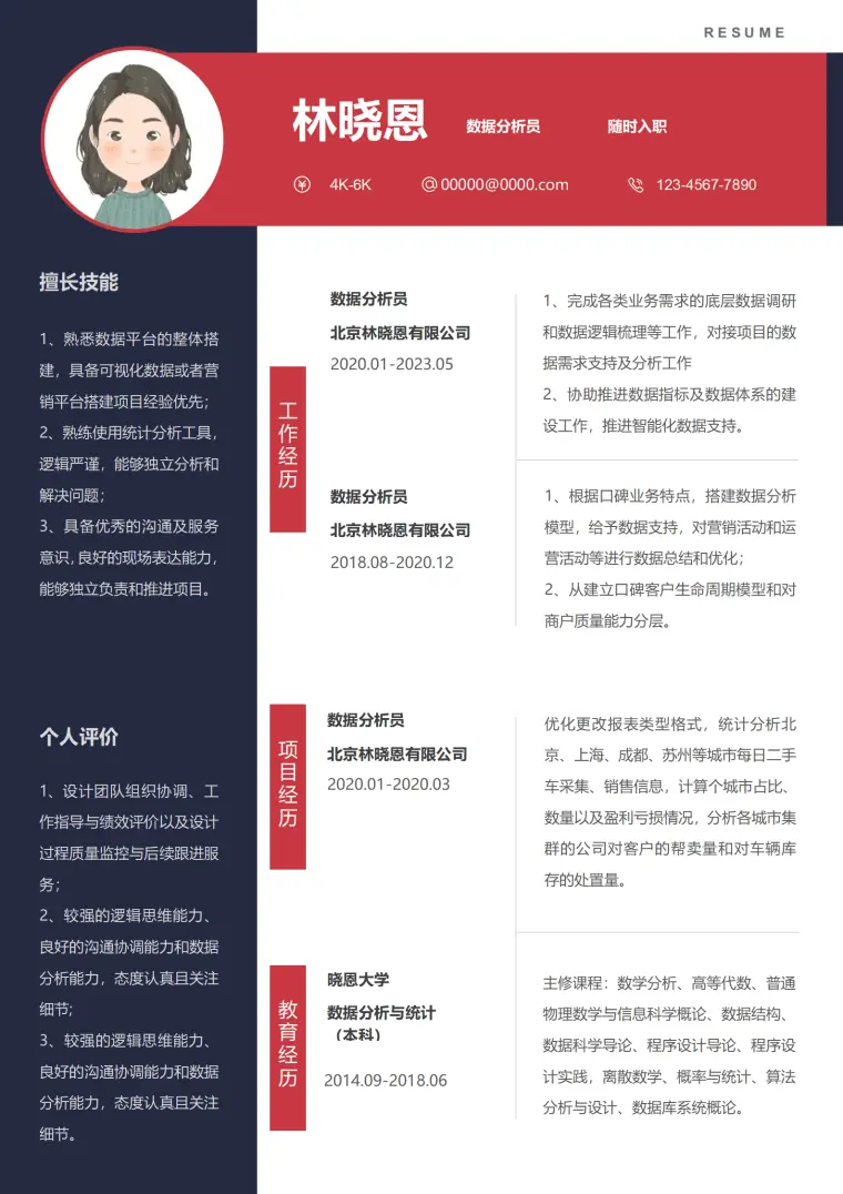 数据平台搭建简历模板 统计分析工具精通 Word 简历模板预览图