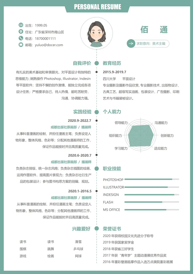 美术培训老师工作简历 Word 简历模板预览图