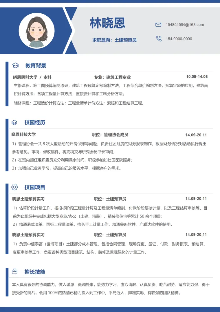 土建预算员5年经验简历模板 Word 简历模板预览图