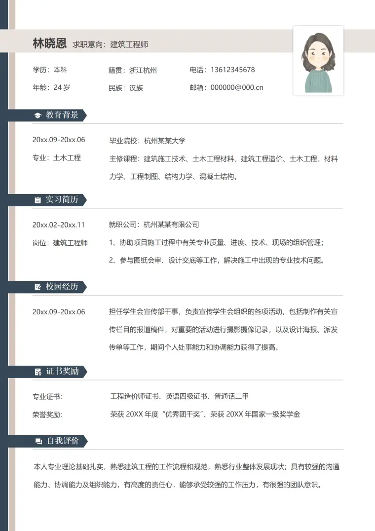 荣获国家一等奖学金的建筑工程师简历模板 Word 简历模板预览图