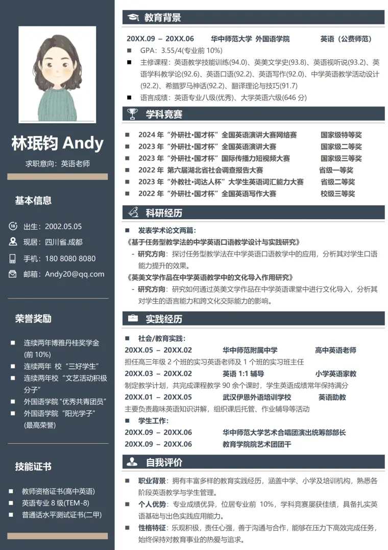 华中师大附属高中英语老师简历模板 Word 简历模板预览图
