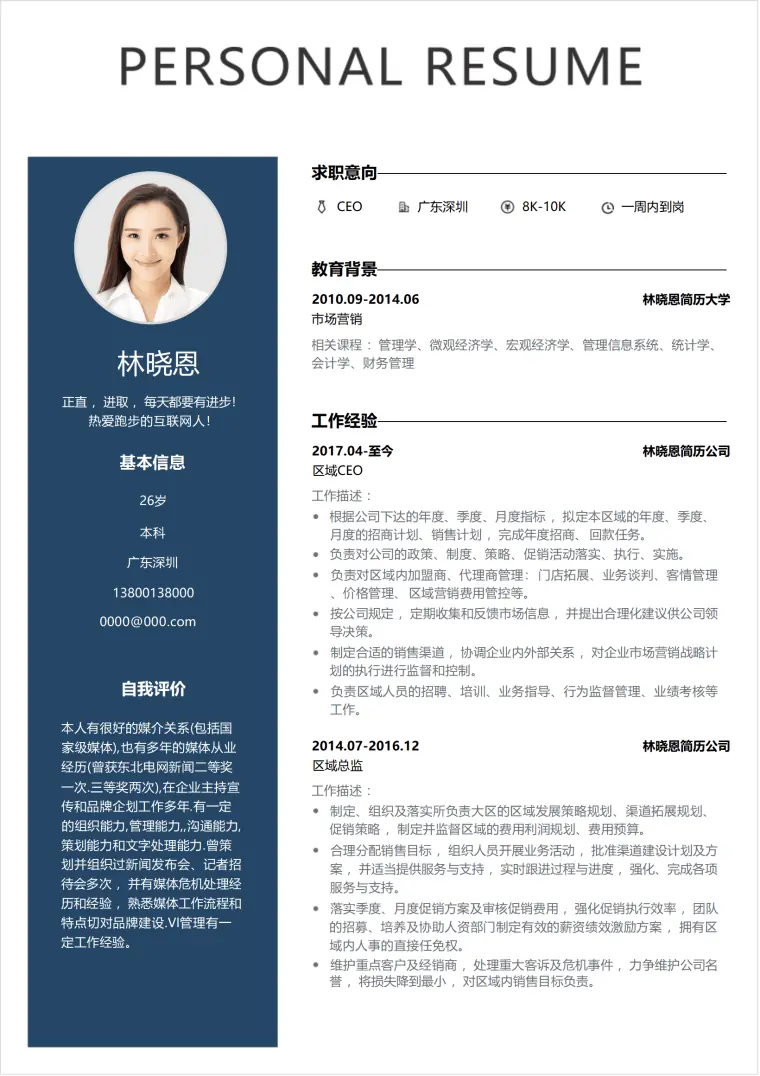 总经理个人简历 Word 简历模板预览图