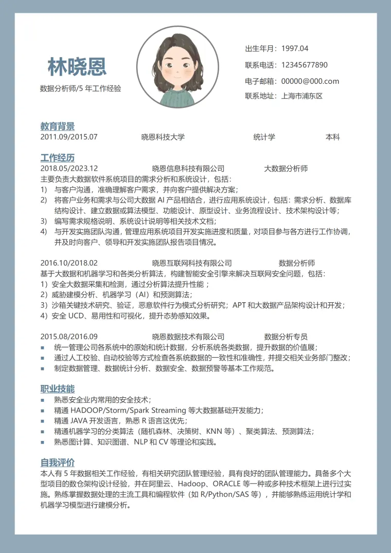 大数据架构简历模板 5年经验机器学习实践 Word 简历模板预览图