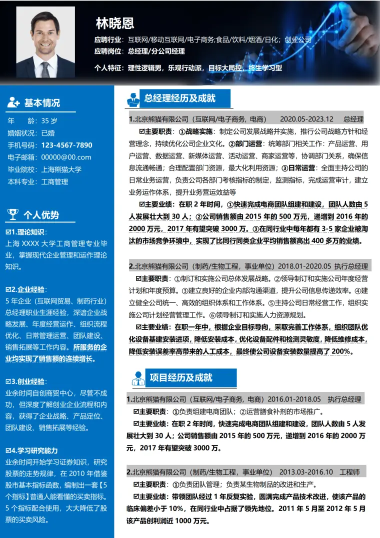 总经理简历 Word 简历模板预览图