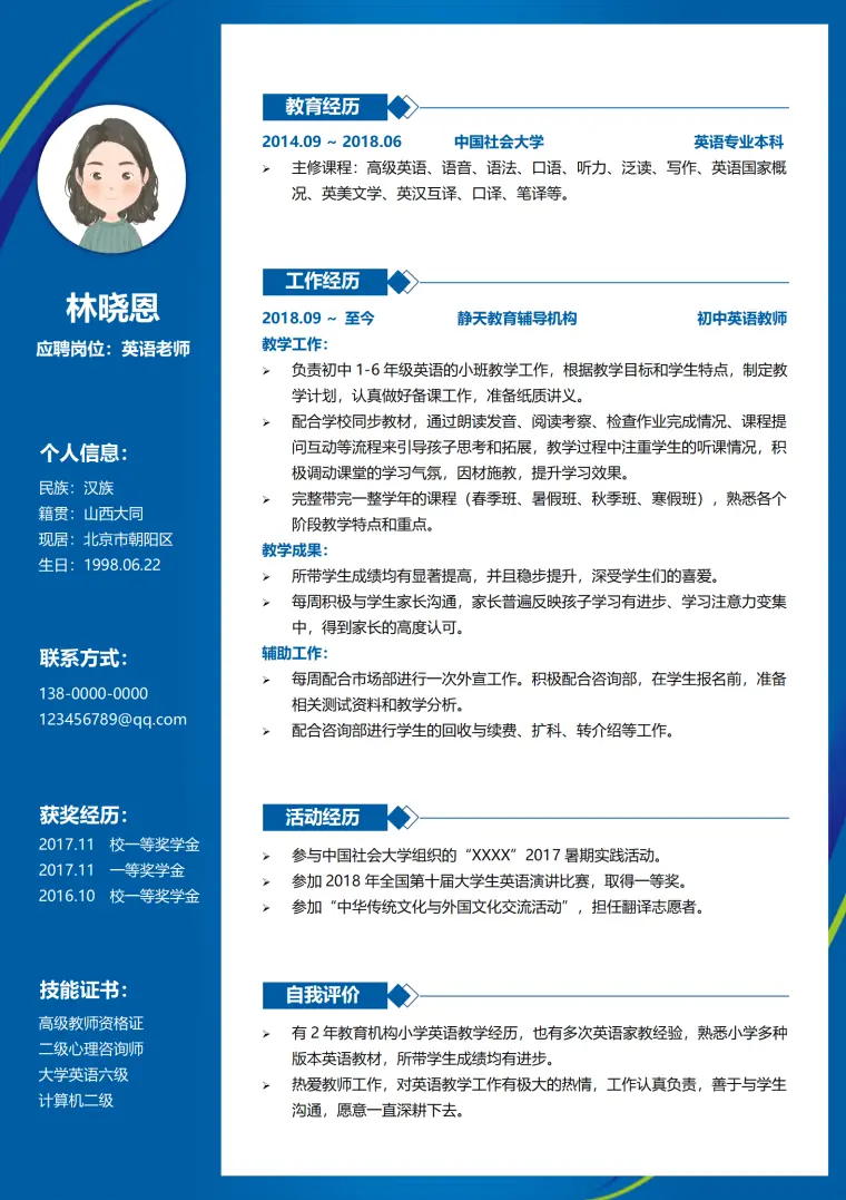 英语老师个人简历模板（教学成果突出） Word 简历模板预览图
