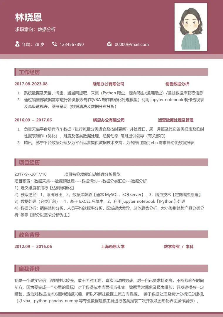 销售数据分析师简历 Word 简历模板预览图