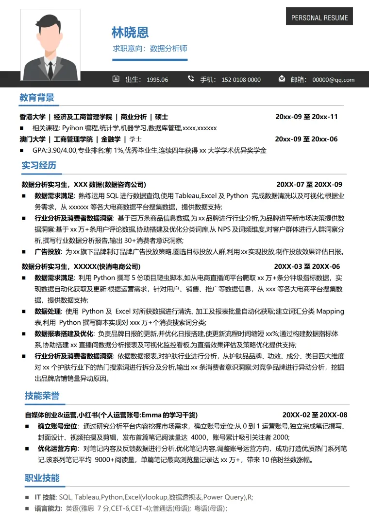 商业分析硕士简历模板 SQLTableauPython多技能 Word 简历模板预览图