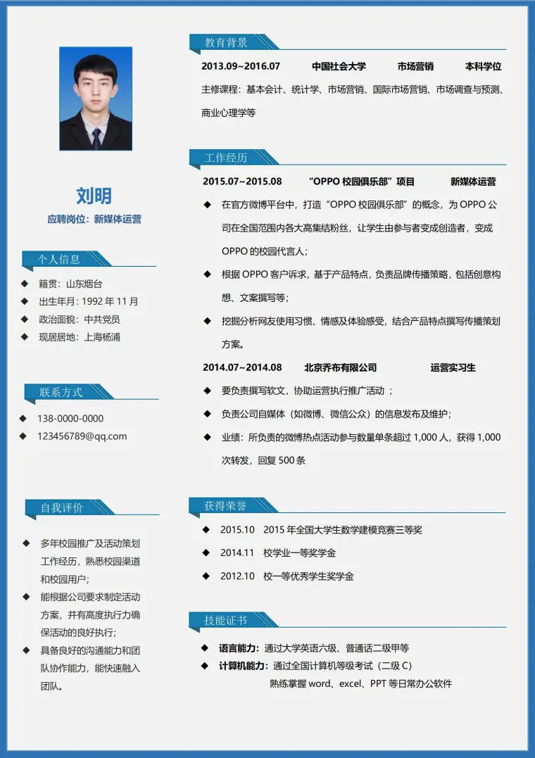 新媒体运营免费简历模板下载 Word 简历模板预览图