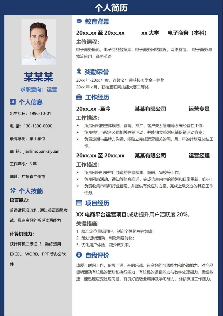 运营1-3年经验左右结构求职简历 Word 简历模板预览图