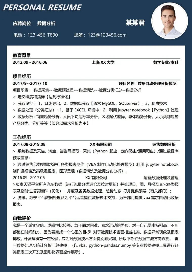 数据分析师求职简历 Word 简历模板预览图