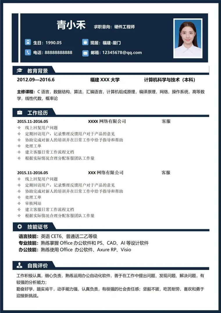 硬件工程师个人简历 Word 简历模板预览图