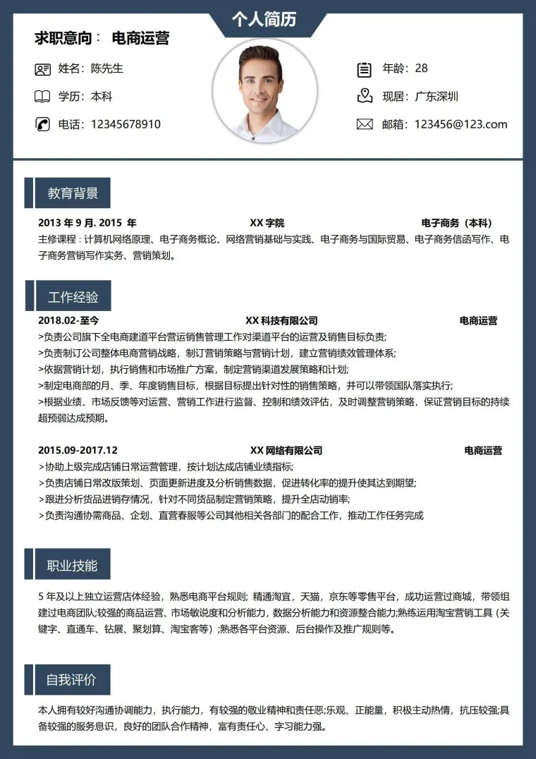 年以上电商运营求职简历 Word 简历模板预览图