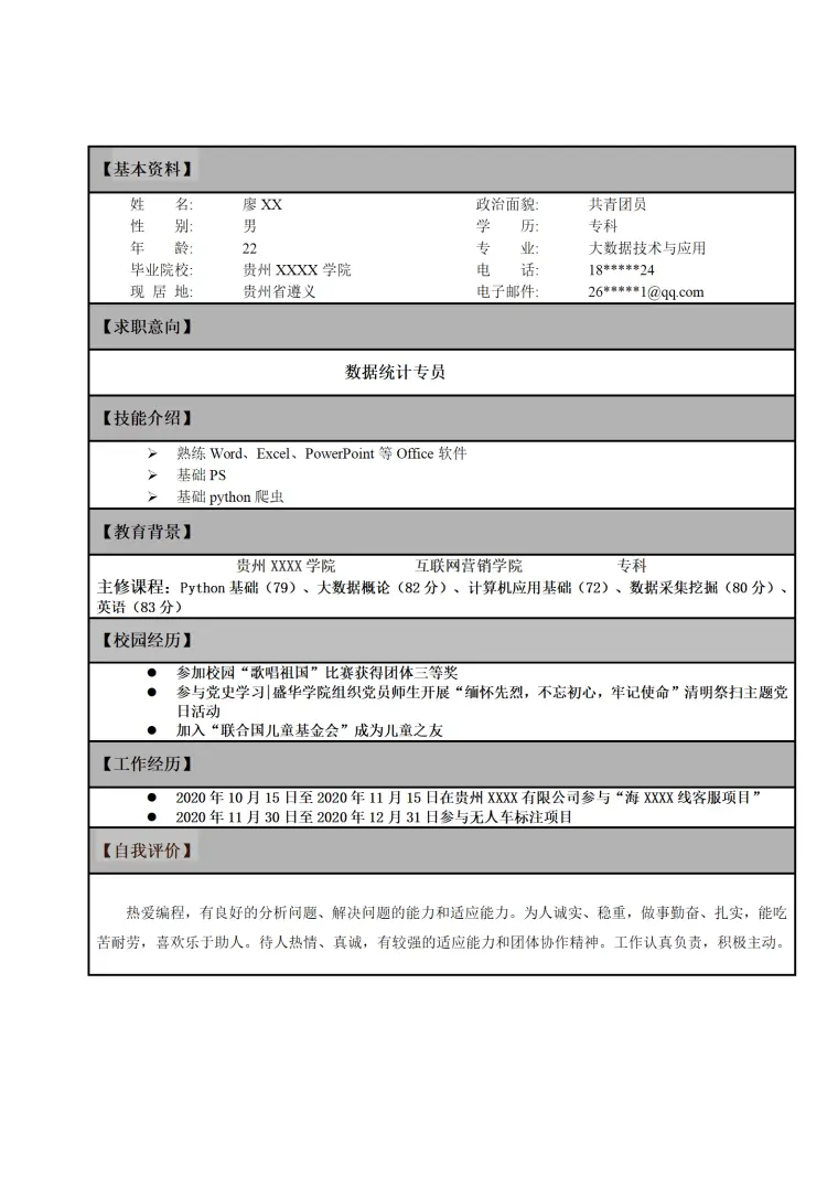 大数据技术及应用相关专业应届生求职简历模板 Word 简历模板预览图