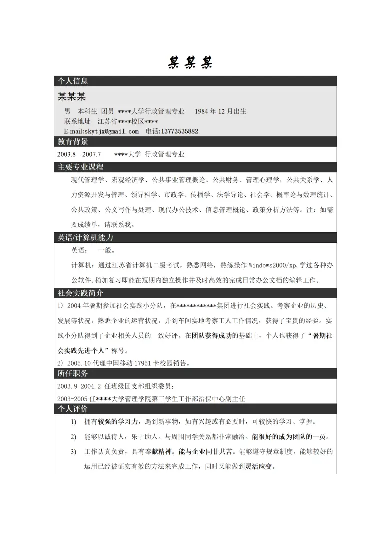 层次感简历模板 Word 简历模板预览图
