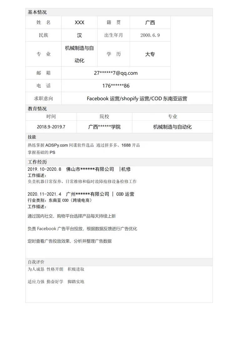 电商营运网络营销类岗位求职简历模板 Word 简历模板预览图