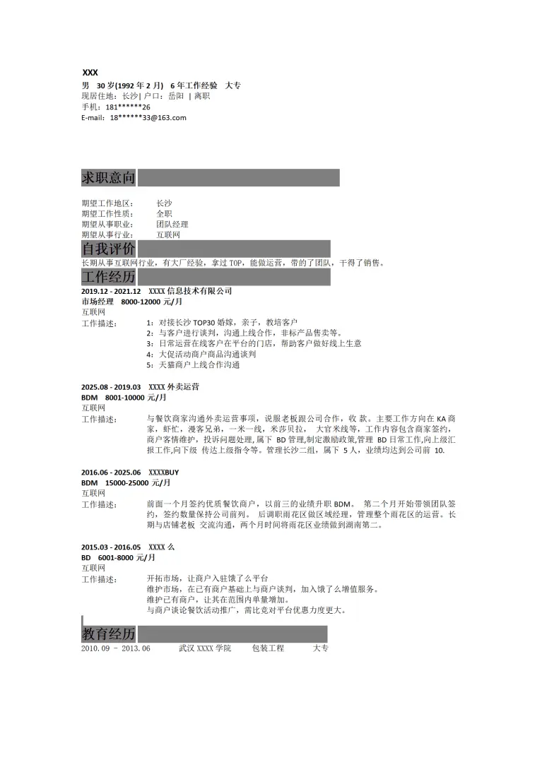 市场经理团队管理类岗位求职简历模板 Word 简历模板预览图