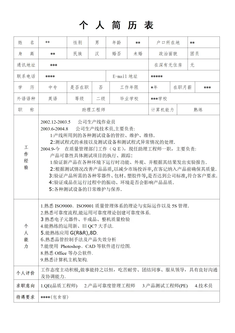 简历模版——品质工程师 Word 简历模板预览图