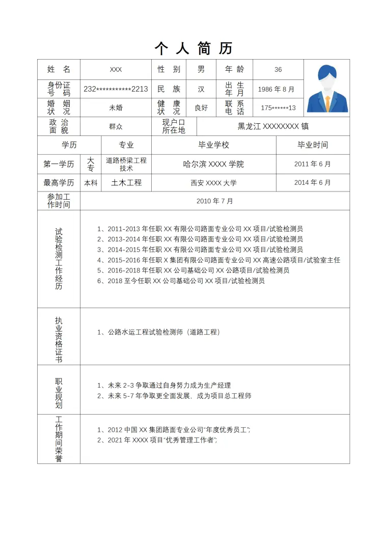 经验履历丰富的土建类岗位求职简历模板 Word 简历模板预览图