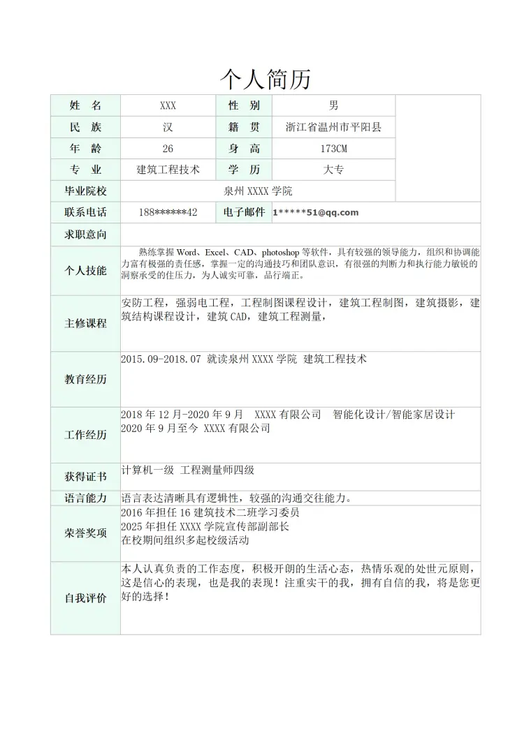 建筑工程师技术相关专业岗位求职简历模板 Word 简历模板预览图