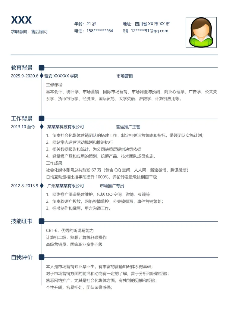市场营销类相关岗位求职简历模板 Word 简历模板预览图
