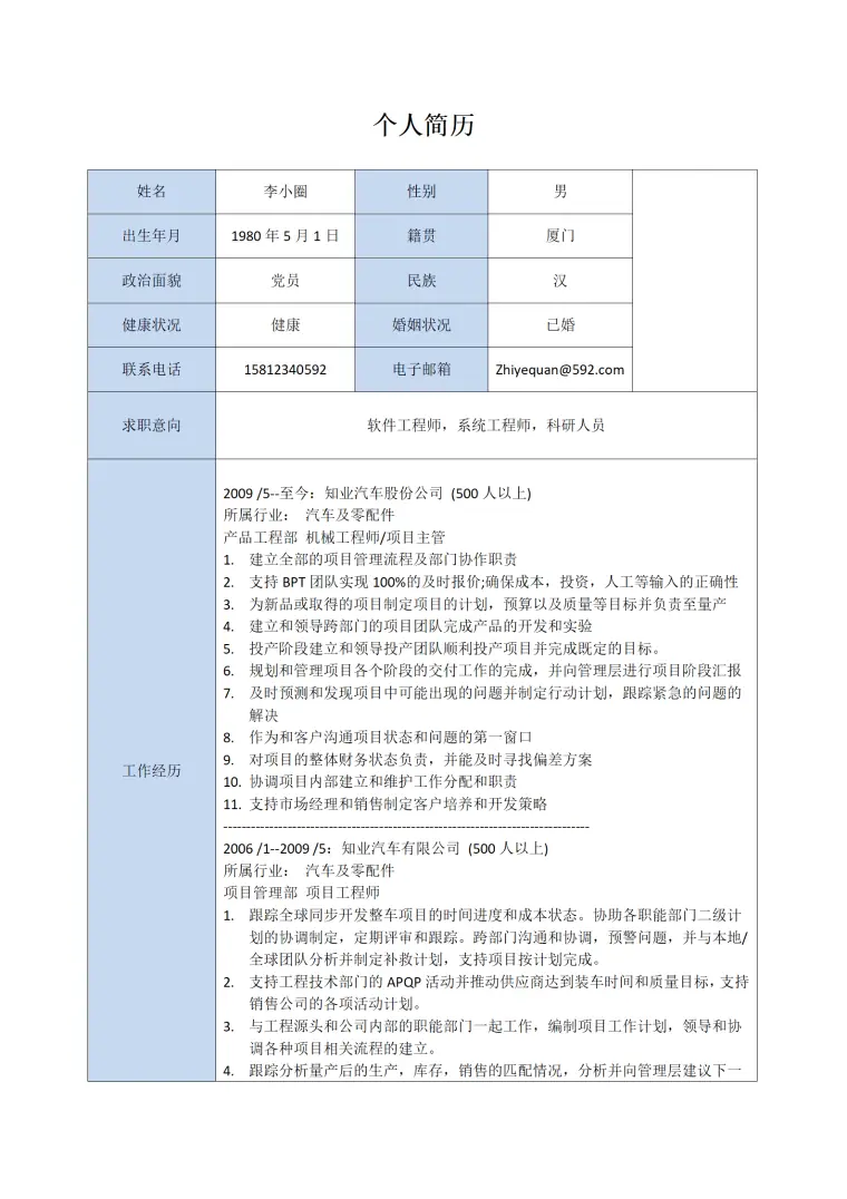 机械设计制造及自动化专业硕士生的应聘简历 Word 简历模板预览图