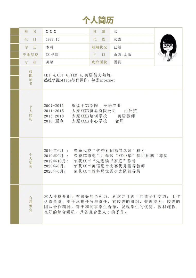 英语教师教育培训类岗位求职简历模板 Word 简历模板预览图
