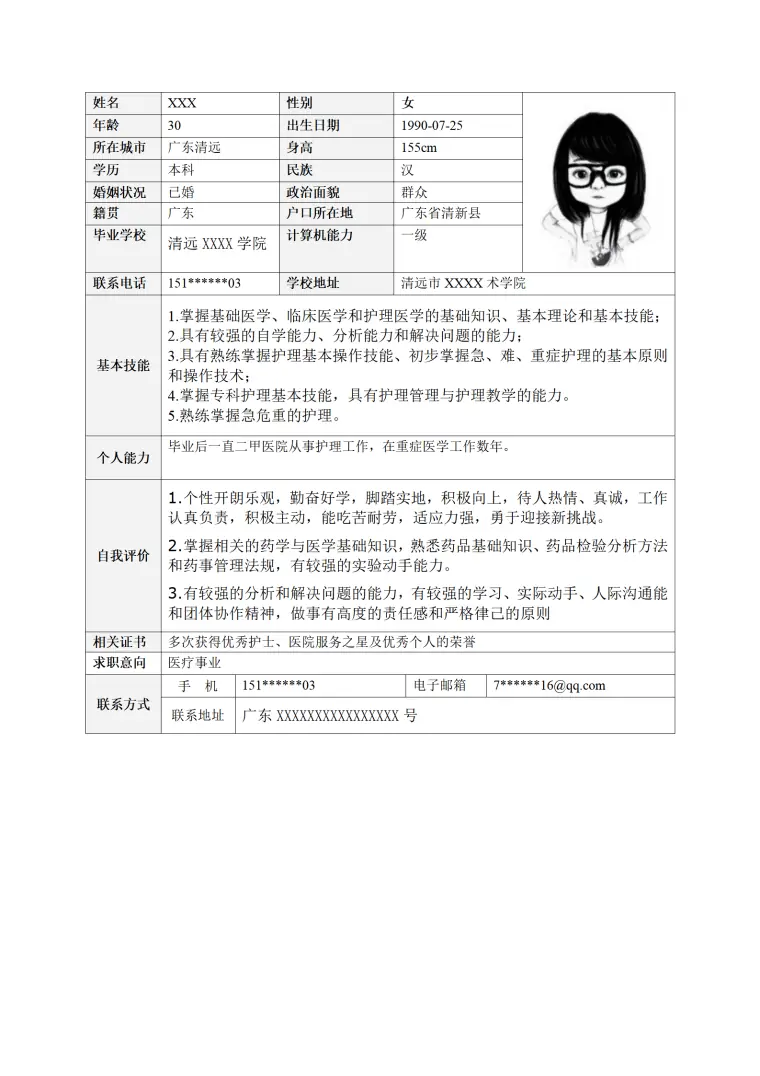 医疗护士护理类相关岗位求职简历模板 Word 简历模板预览图