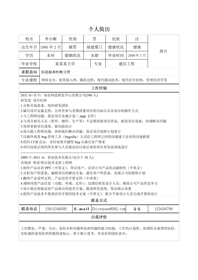 通信工程专业应聘信息技术主管简历模板 Word 简历模板预览图