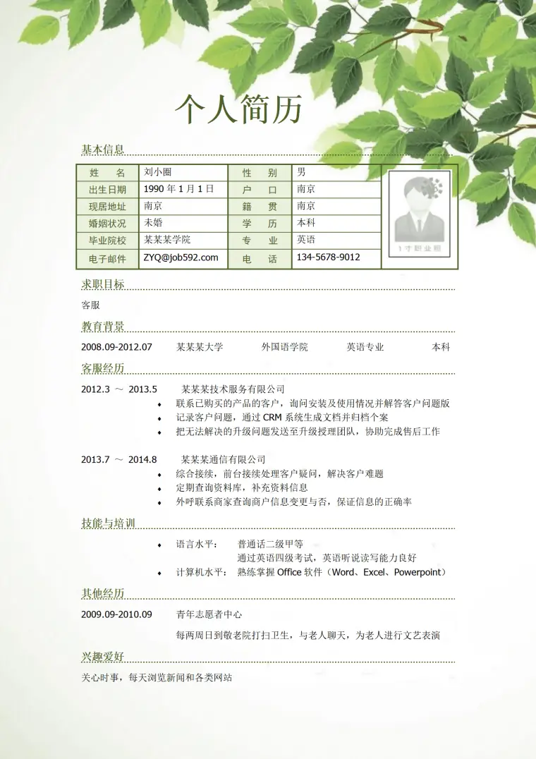 应聘客服岗位简历模板(1) Word 简历模板预览图