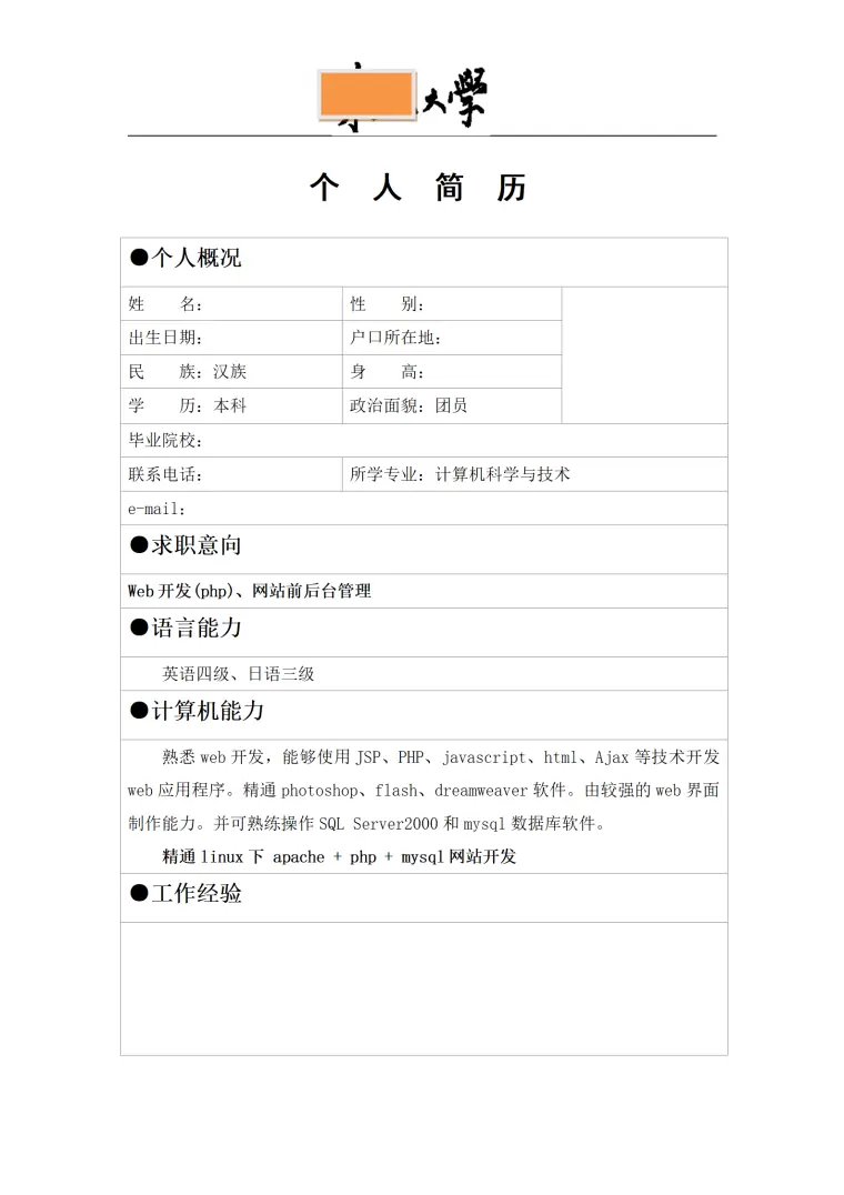 简历模版——计算机科学与技术 Word 简历模板预览图