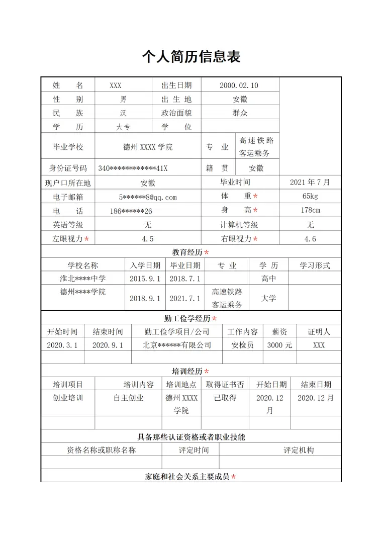 高铁乘务客运安检相关职位求职简历模板 Word 简历模板预览图