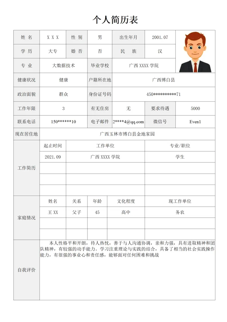 大数据技术相关专业应届生求职简历模板 Word 简历模板预览图
