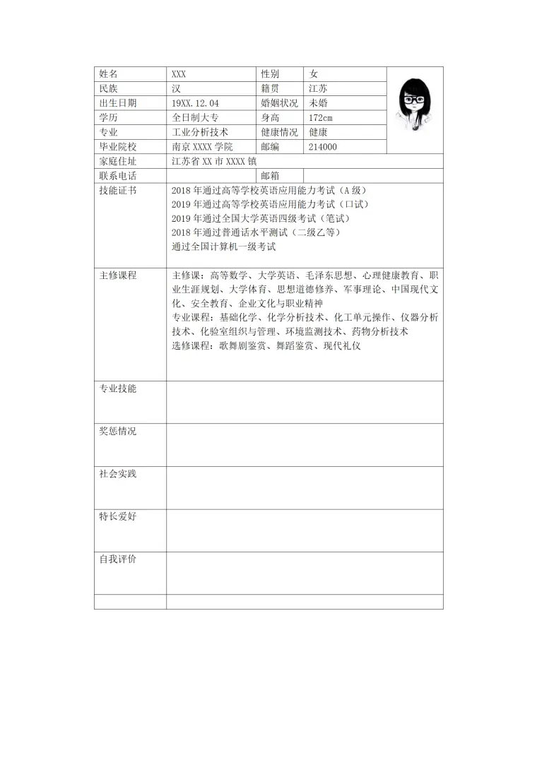 工业化工分析技术类岗位求职简历模板 Word 简历模板预览图