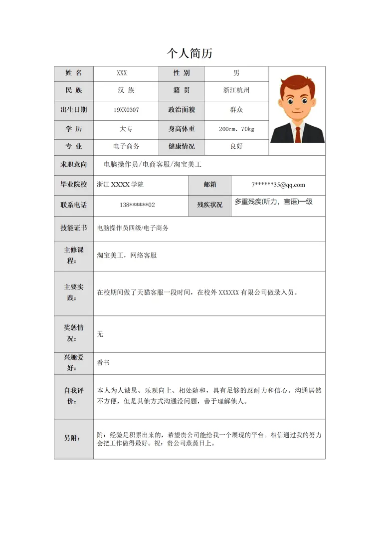 淘宝美工电商客服类岗位求职简历模板 Word 简历模板预览图