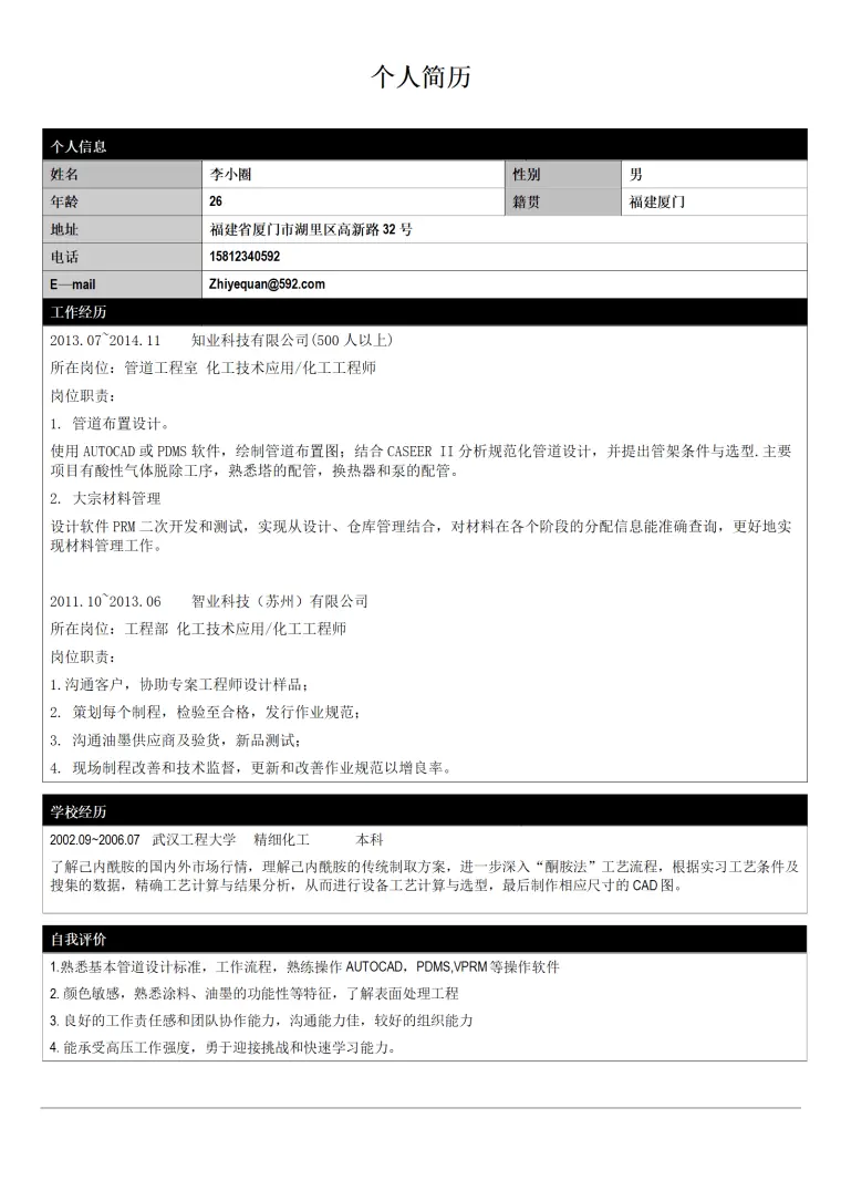 精细化工专业个人简历模板---大气实用受欢迎的简历 Word 简历模板预览图
