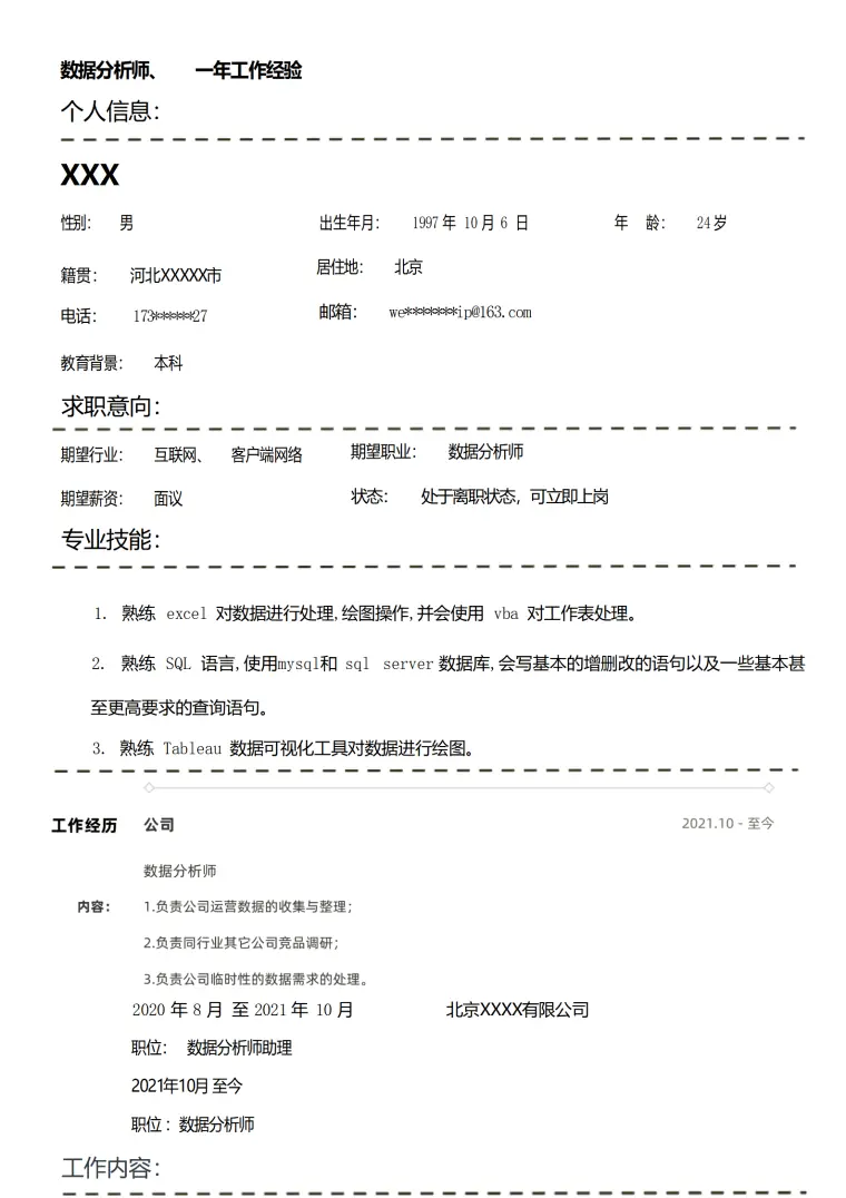 数据分析师相关岗位求职简历模板 Word 简历模板预览图