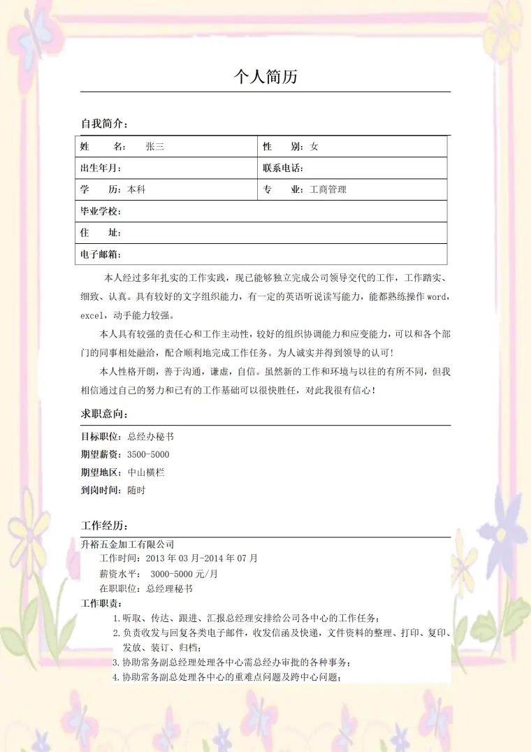 总经理秘书文职助理类岗位求职简历模板 Word 简历模板预览图