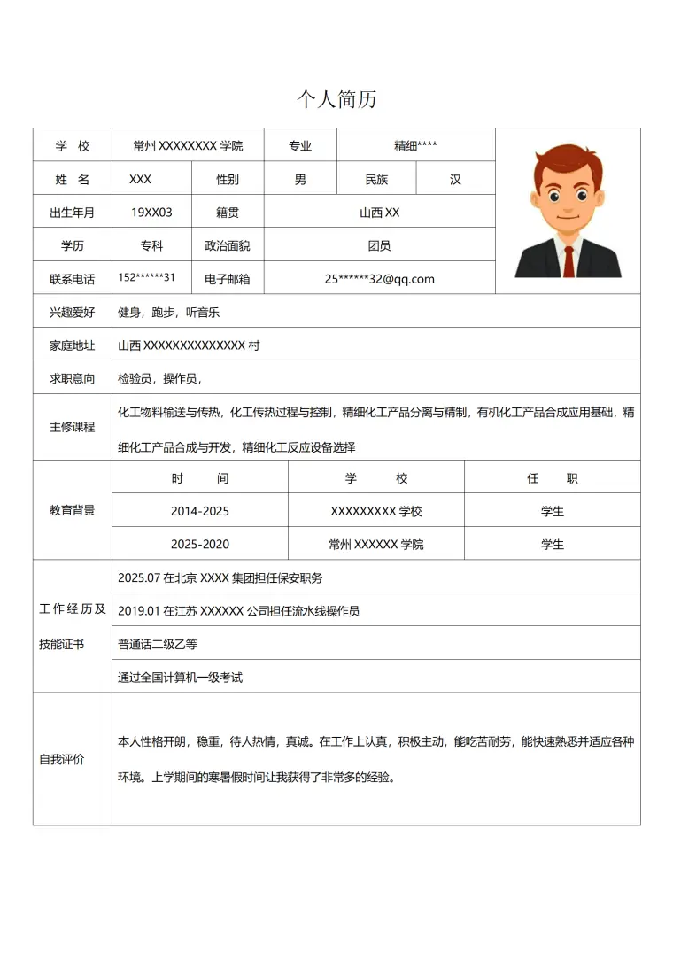化学化工检验操作类岗位求职简历模板 Word 简历模板预览图