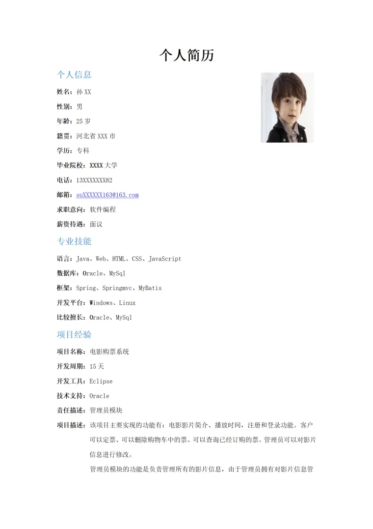 软件编程、数据库技术支持、实施等 Word 简历模板预览图