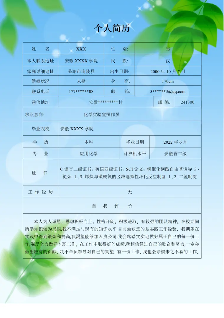 化学实验操作员相关岗位求职简历模板 Word 简历模板预览图